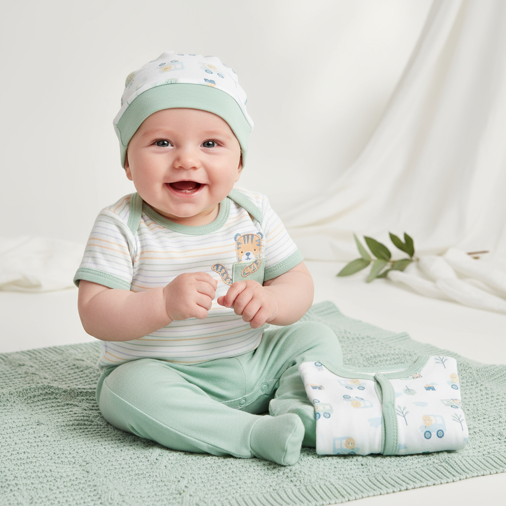 Set 5 piezas mameluco pijama babero gorro verde bebe niño Tinytots D07339TT promo 2x1000