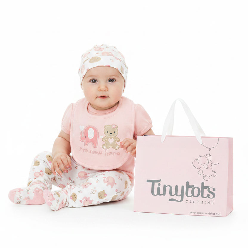 Set 7 piezas bebe niña gorro mameluco pantalon calcetines babero guantes oso elefante rosado  Tinytots D08195TT