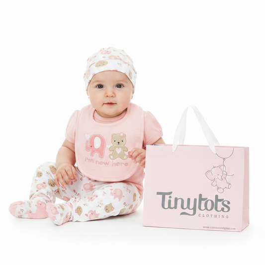Set 7 piezas bebe niña gorro mameluco pantalon calcetines babero guantes oso elefante rosado  Tinytots D08195TT