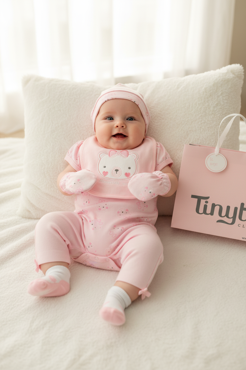Set 7 piezas bebe niña gorro mameluco pantalon calcetines babero guantes gato Tinytots D08197TT bolsa regalo