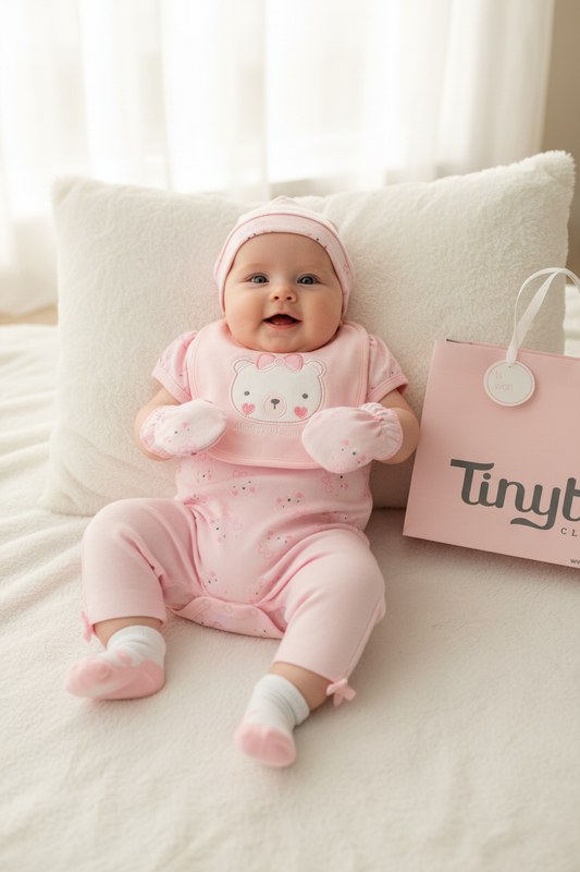 Set 7 piezas bebe niña gorro mameluco pantalon calcetines babero guantes gato Tinytots D08197TT bolsa regalo