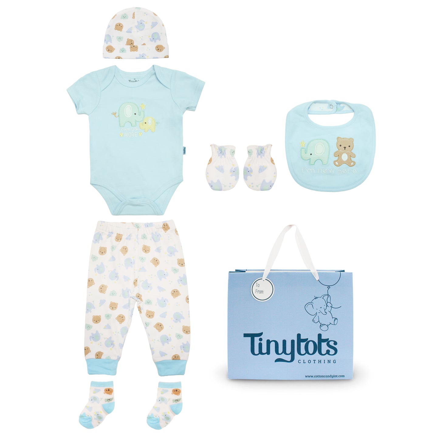 Set 7 piezas bebe niña gorro mameluco pantalon calcetines babero guantes azul oso elefante Tinytots D08200TT bolsa regalo