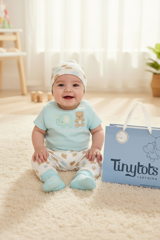 Set 7 piezas bebe niña gorro mameluco pantalon calcetines babero guantes azul oso elefante Tinytots D08200TT bolsa regalo