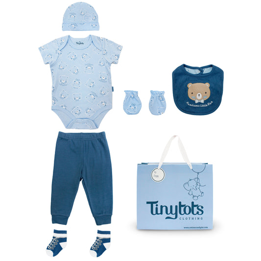 Set 7 piezas bebe niña gorro mameluco pantalon calcetines babero guantea azul oso Tinytots D08201TT bolsa regalo salida hospital