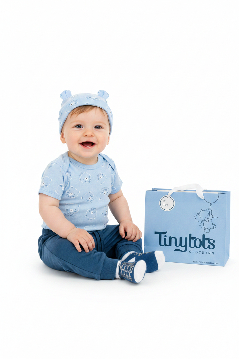 Set 7 piezas bebe niña gorro mameluco pantalon calcetines babero guantea azul oso Tinytots D08201TT bolsa regalo