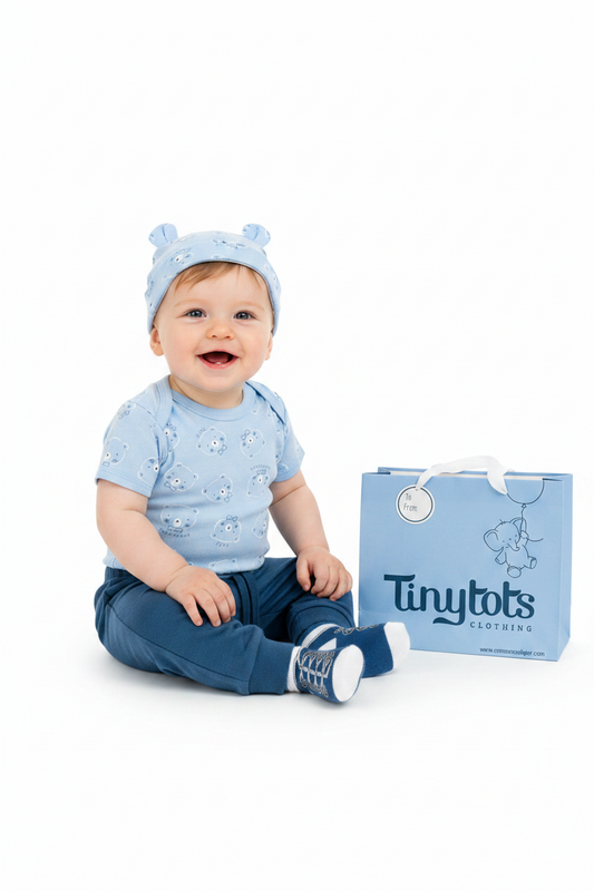 Set 7 piezas bebe niña gorro mameluco pantalon calcetines babero guantea azul oso Tinytots D08201TT bolsa regalo