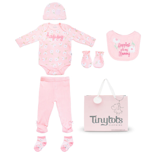 Set 7 piezas bebe niña gorro mameluco pantalon calcetines babero guantes Happy gato Tinytots D08203TT bolsa regalo