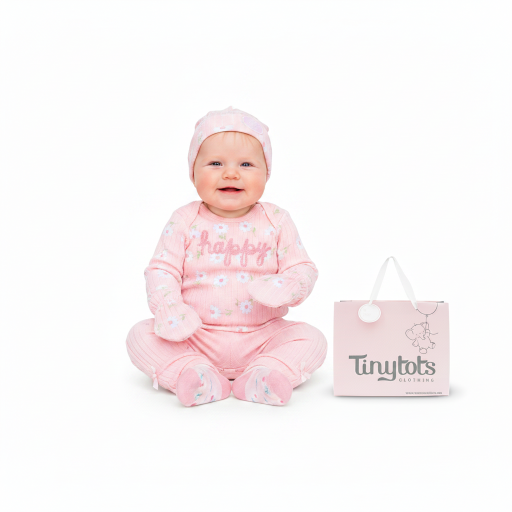 Set 7 piezas bebe niña gorro mameluco pantalon calcetines babero guantes Happy gato Tinytots D08203TT bolsa regalo
