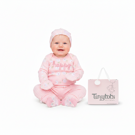 Set 7 piezas bebe niña gorro mameluco pantalon calcetines babero guantes Happy gato Tinytots D08203TT bolsa regalo