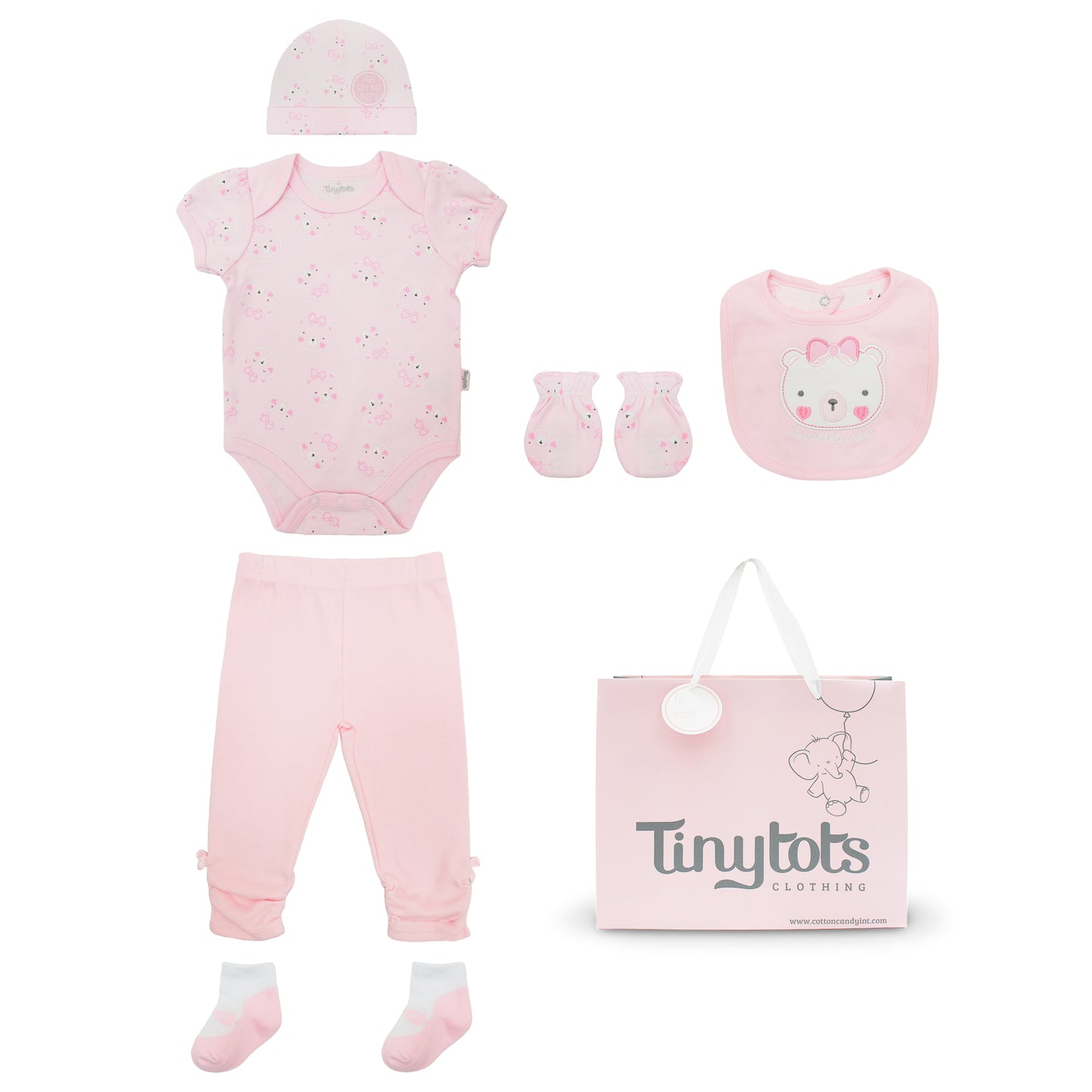 Set 7 piezas bebe niña gorro mameluco pantalon calcetines babero guantes rosado gato Tinytots D08204TT bolsa regalo