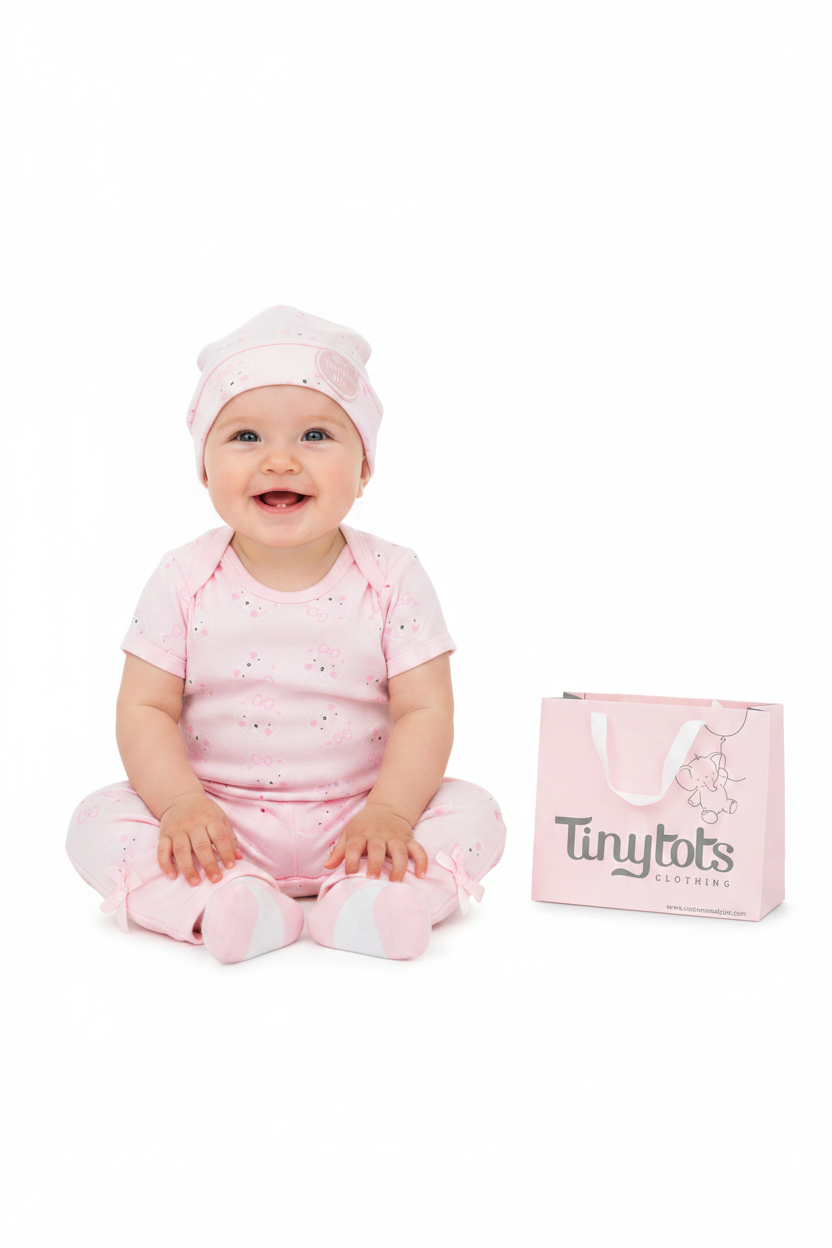 Set 7 piezas bebe niña gorro mameluco pantalon calcetines babero guantes rosado gato Tinytots D08204TT bolsa regalo