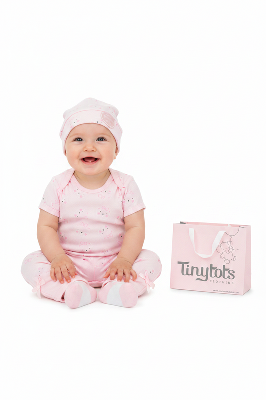 Set 7 piezas bebe niña gorro mameluco pantalon calcetines babero guantes rosado gato Tinytots D08204TT bolsa regalo