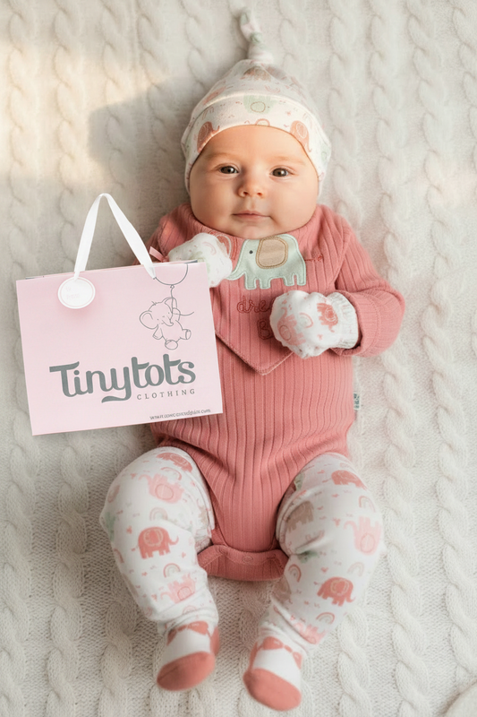 Set 7 piezas bebe niña gorro mameluco pantalon calcetines babero guantes rosado elefante Tinytots D08205TT bolsa regalo
