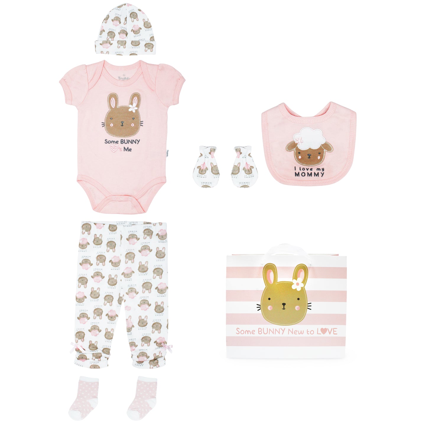 Set 7 piezas bebe niña conejo gorro mameluco pantalon calcetines babero medias mittones bebe niña Tinytots D08210TT