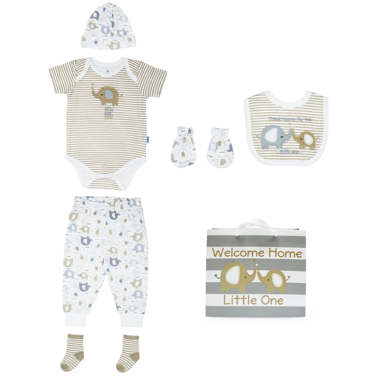 Set 7 piezas bebe niño gorro mameluco pantalon calcetines babero guantes Tinytots D08214TT bolsa regalo