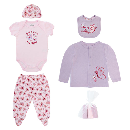 Set 8 piezas mameluco, babero bebe niña morado/rosado Tinytots D09071TT