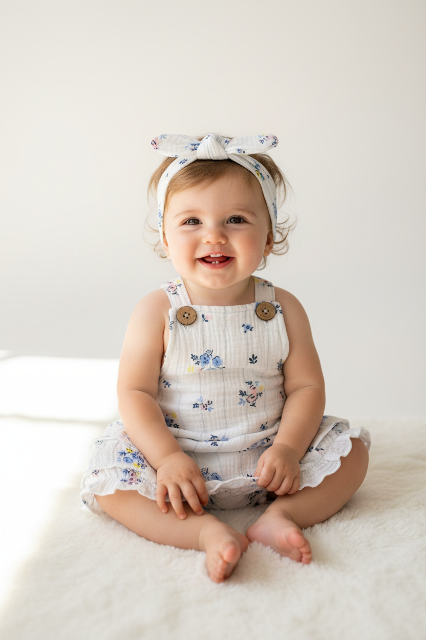 Set conjunto 2 piezas mameluco overall flores azul diadema bebe niña E131J201GB