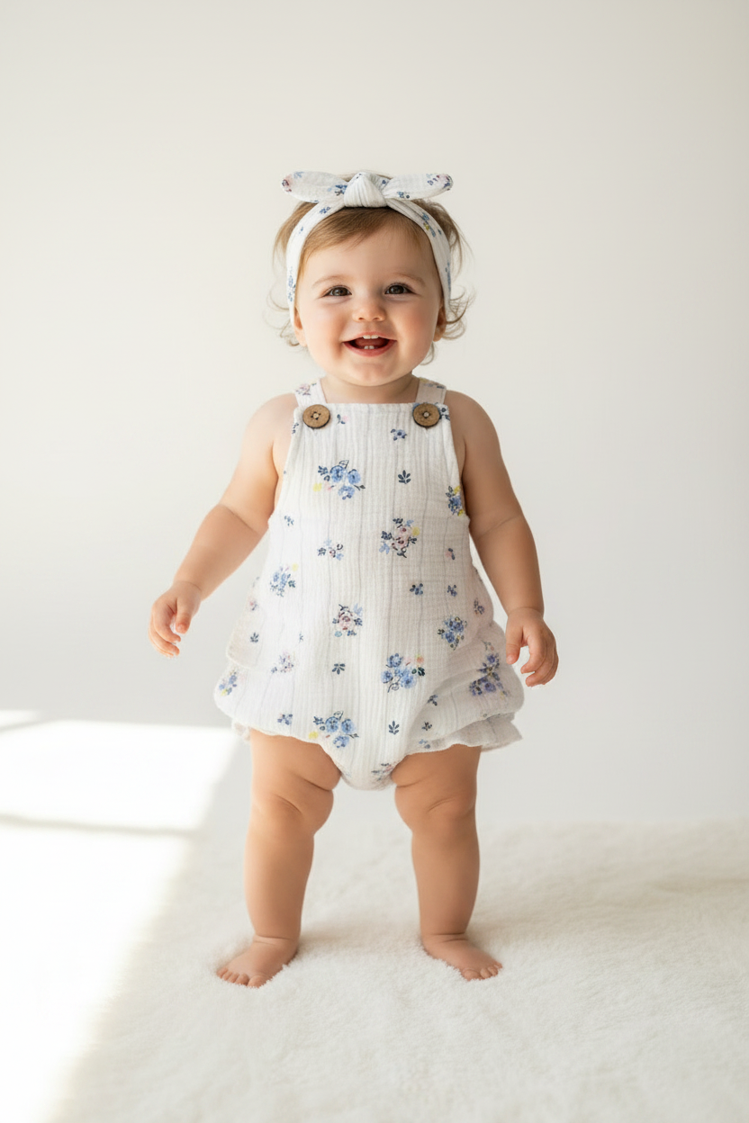 Set conjunto 2 piezas mameluco overall flores azul diadema bebe niña E131J201GB