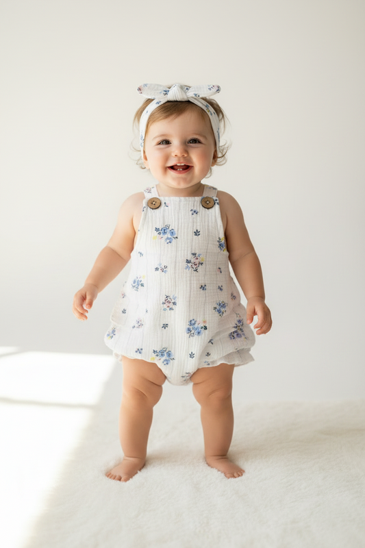 Set conjunto 2 piezas mameluco overall flores azul diadema bebe niña E131J201GB