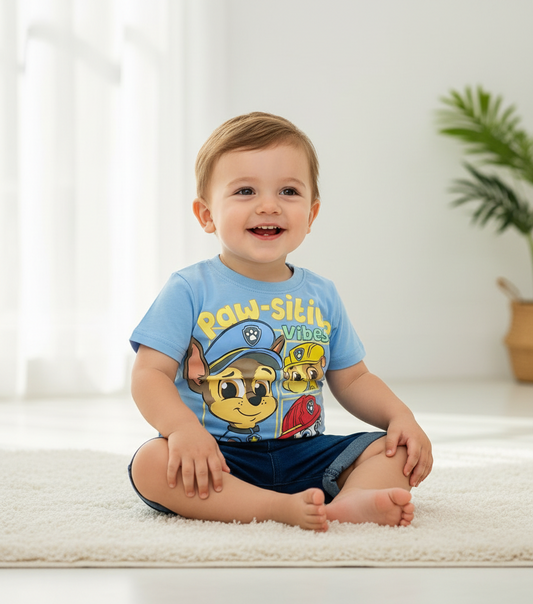 Set conjunto 2 piezas bebe niño camisa azul cielo short azul oscuro Paw Patrol N9-PW-105B promo 2x1000