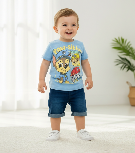 Set conjunto 2 piezas bebe niño camisa azul cielo short azul oscuro Paw Patrol N9-PW-105B promo 2x1000