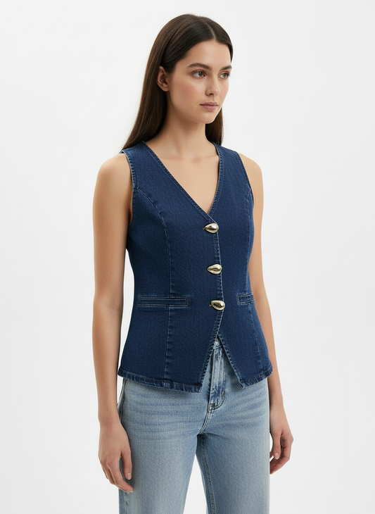 Camisa chaleco blazer azul jeans oscuro dama mujer