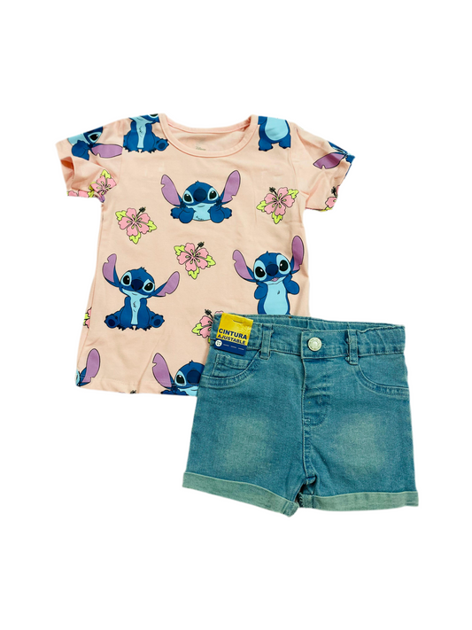 Set Conjunto short jean para bebé niña Stitch rosado D9-STI-178B
