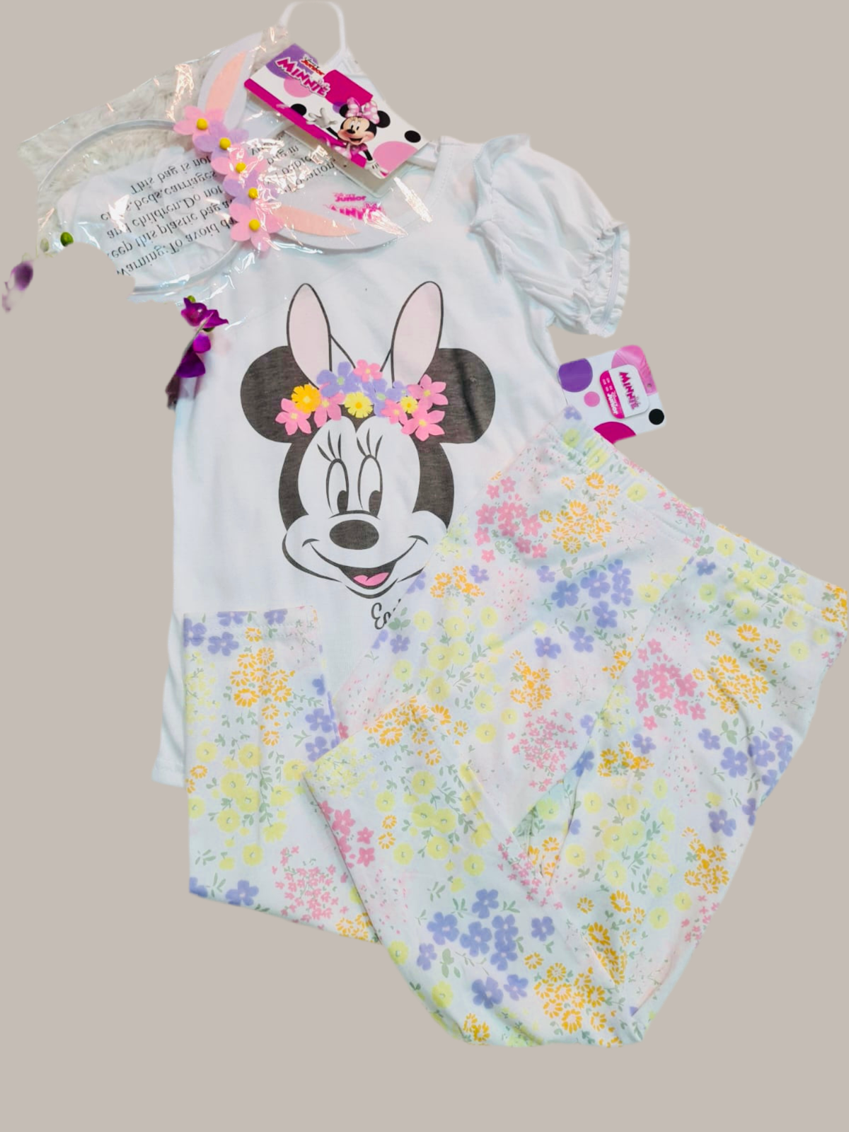 Set niña Minnie Disney camisa blanca leggins y diadema
