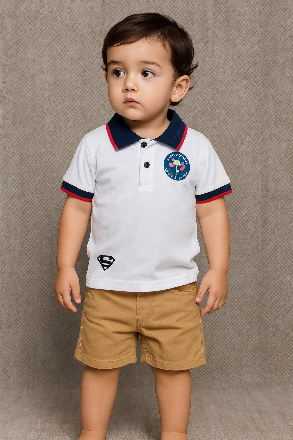 Set 2 piezas camisa blanca short beige superman Niño C9 SM 1072N