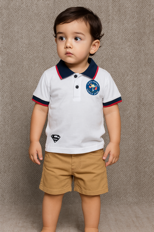Set 2 piezas camisa blanca short beige superman Niño C9 SM 1072N