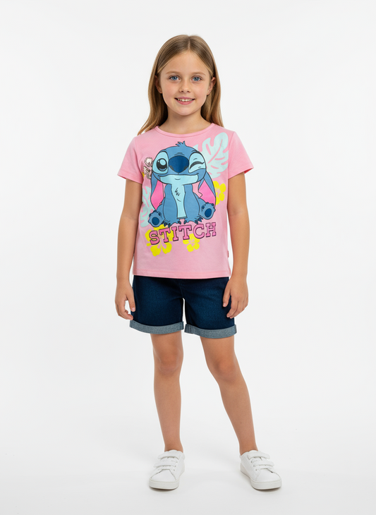Set Conjunto niña short jean Stitch rosado D9-STI-100D