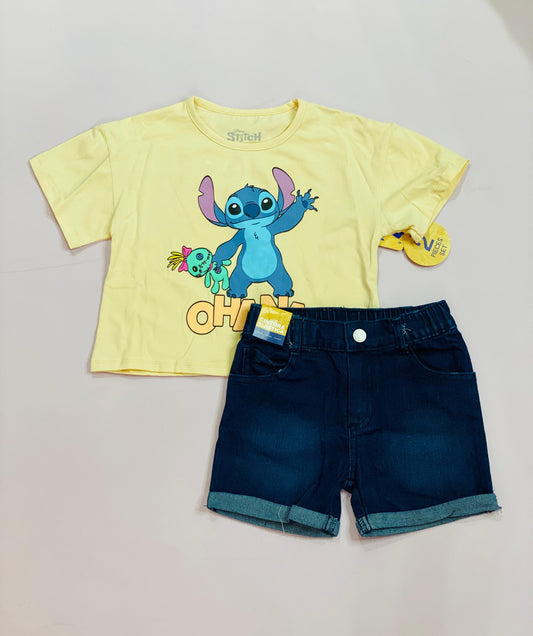 Set Conjunto para niña short jean amarillo pastel Stitch D9-STI-103D