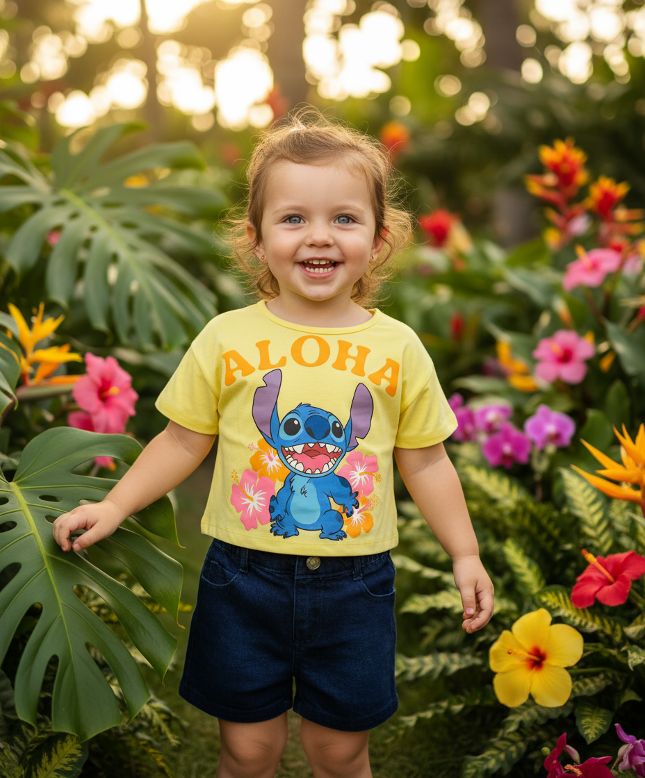 Set Conjunto para niña short jean amarillo Stitch D9-STI-104D