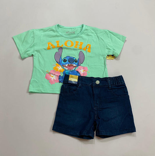 Set Conjunto para niña short jean verde menta Stitch D9-STI-104D