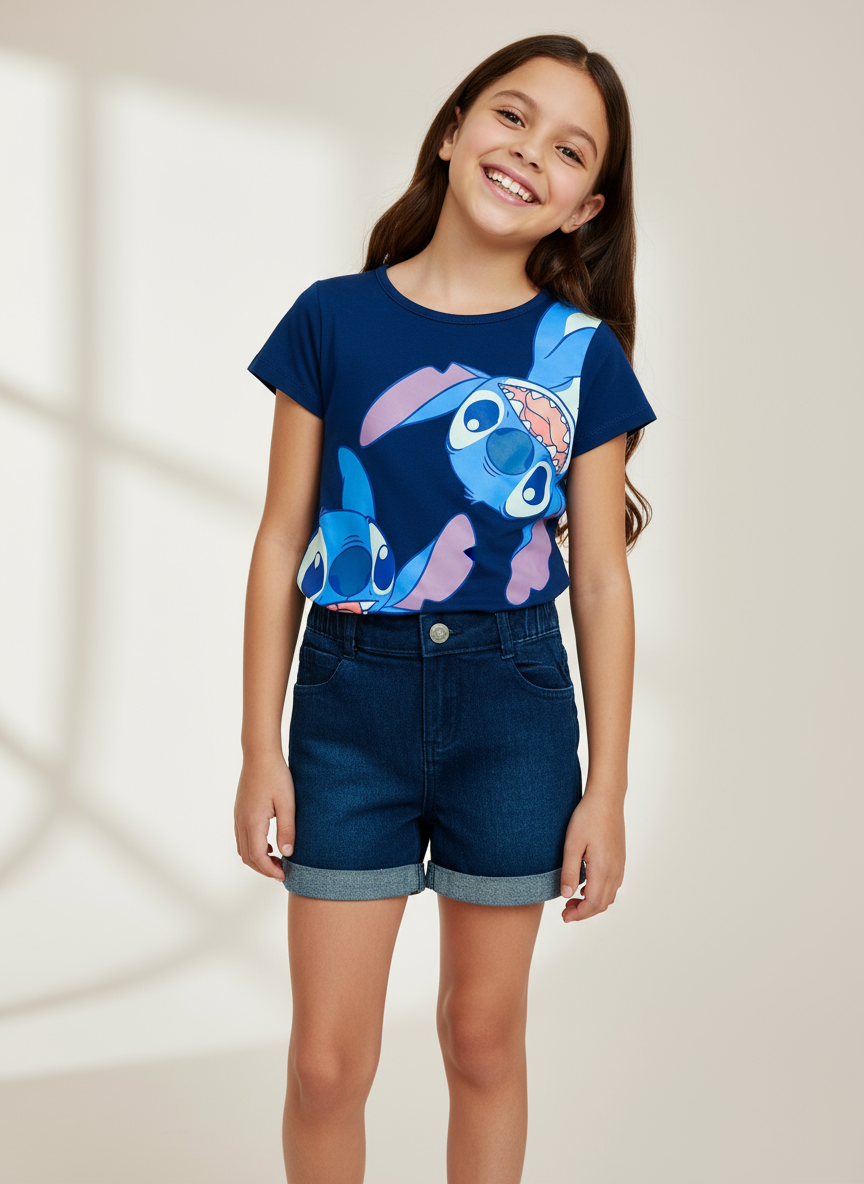 Set Conjunto para niña short jean azul marino Stitch D9-STI-105D
