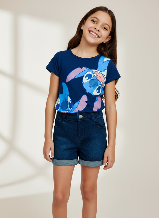 Set Conjunto para niña short jean azul marino Stitch D9-STI-105D