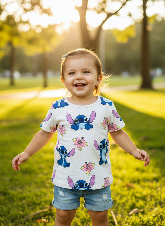 Set Conjunto short jean para bebé niña Stitch blanco D9-STI-178B