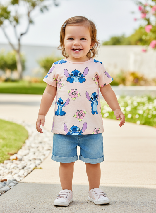 Set Conjunto short jean para bebé niña Stitch rosado D9-STI-178B