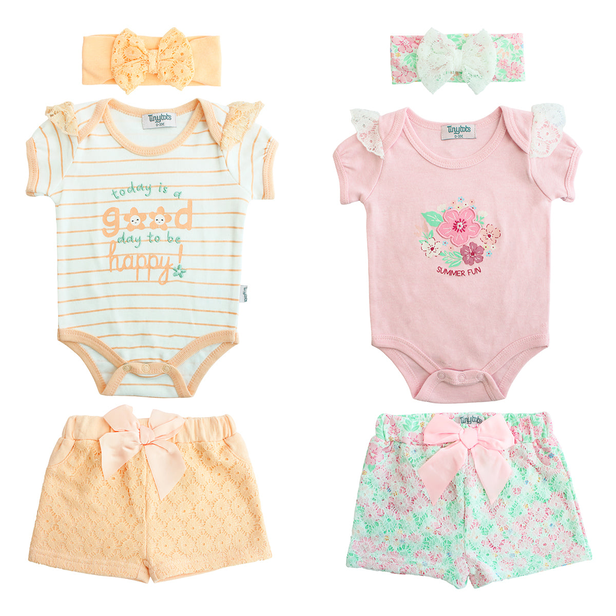 Set 3 piezas mameluco rosado short flores diadema rosada bebe niña Tinytots D95585TT
