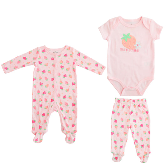 Set 3 piezas bebe niña mameluco pijama leggins rosado fresas Tinytots D95620TT