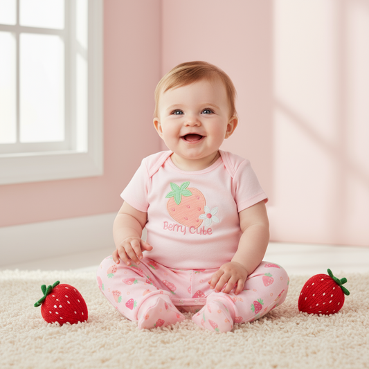 Set 3 piezas bebe niña mameluco pijama leggins rosado fresas Tinytots D95620TT