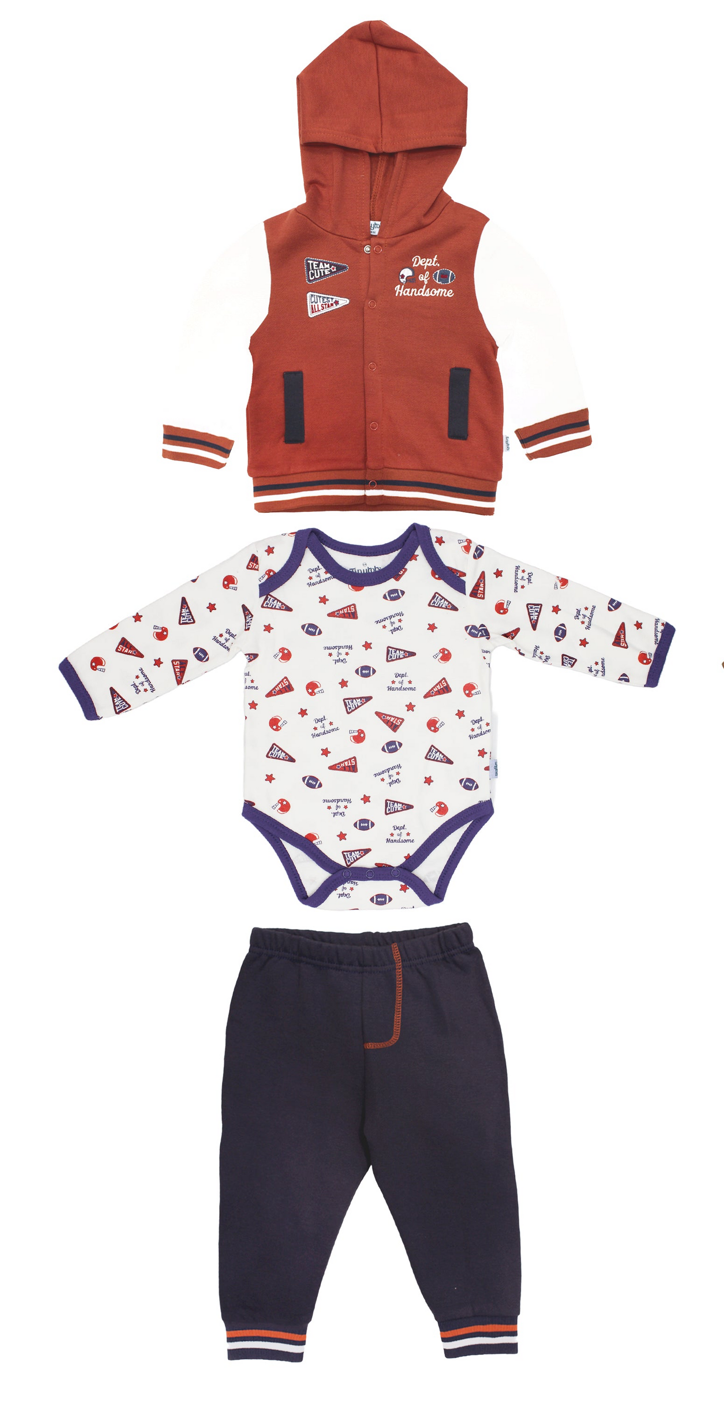 Set 3 piezas bebe niño sueter cafe mameluco blanco pantalon azul marino Tinytots D95646TT