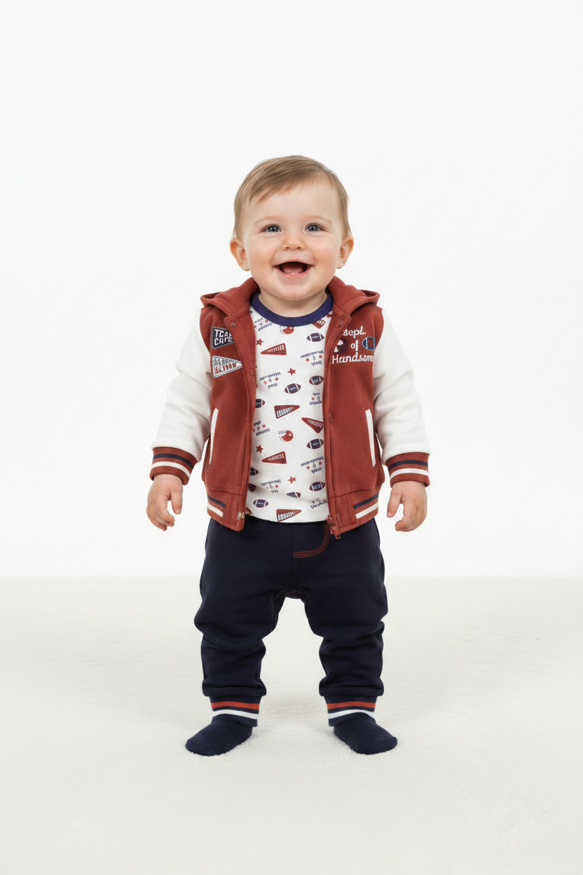 Set 3 piezas bebe niño sueter cafe mameluco blanco pantalon azul marino Tinytots D95646TT