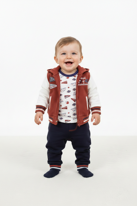 Set 3 piezas bebe niño sueter cafe mameluco blanco pantalon azul marino Tinytots D95646TT
