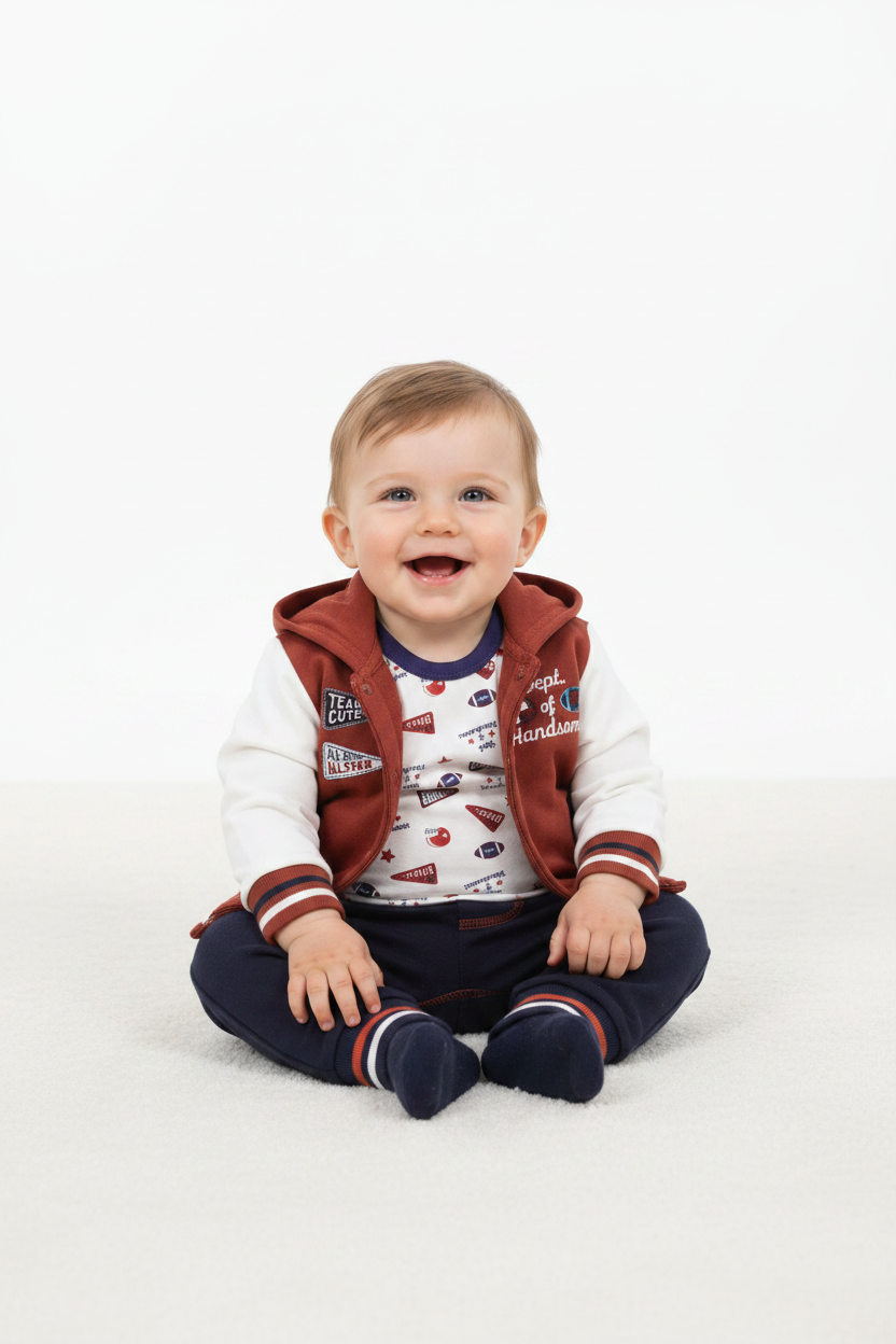 Set 3 piezas bebe niño sueter cafe mameluco blanco pantalon azul marino Tinytots D95646TT