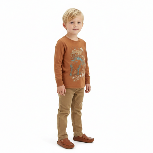 Set carters niño camisa dinosaurios pantalón café beige formal promo