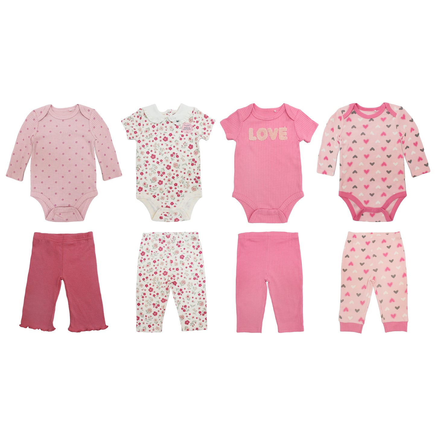 Set 4 piezas bebe niña camisa mameluco pantalon rosado corazones Tinytots DA2712-AST-TT