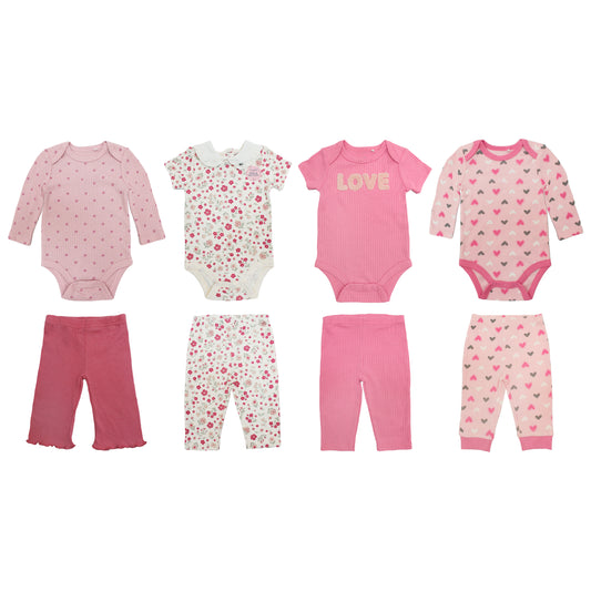 Set 4 piezas bebe niña camisa mameluco pantalon rosado corazones Tinytots DA2712-AST-TT
