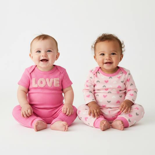 Set 4 piezas bebe niña camisa mameluco pantalon rosado corazones Tinytots DA2712-AST-TT