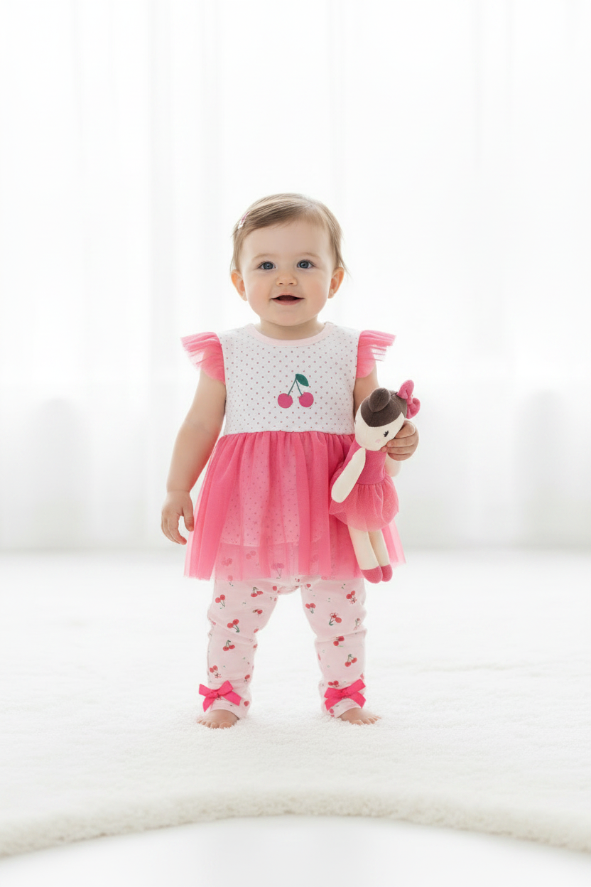 Set conjunto 2 piezas bebe niña mameluco tutu rosado leggins peluche apego Tinytots DA3267-ASTTT cerezas